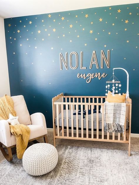 Star Accent Wall Nursery, Gender Neutral Galaxy Nursery, Star Wall Nursery, Space Themed Room Decor, Space Nursery Color Palette, Modern Space Nursery, Galaxy Nursery Ideas, Nursery Ideas Celestial, Outerspace Nursery Ideas