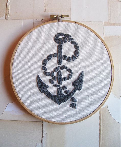 anchor embroidery by valerieroybal, via Flickr Coastal Embroidery, Anchor Thread Embroidery, Coastal Embroidery Designs, Nautical Embroidery, Anchor Embroidery, E Craft, Hoop Projects, Budget Home Decorating, Natural Home Decor