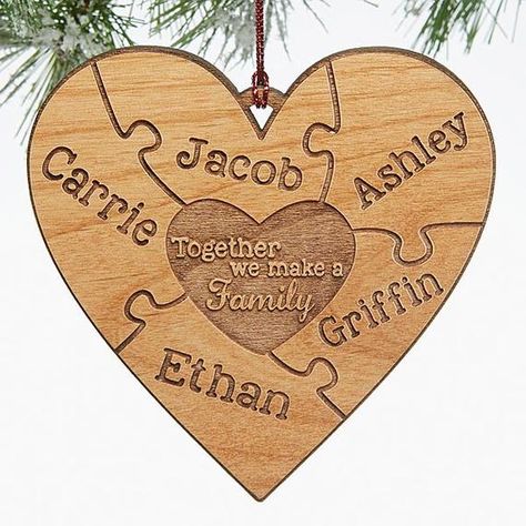 Our exclusive Together We Make A Family Personalized Ornament perfectly pieces together a heart puzzle to form their loving family. Choose from our 2 - 8 name puzzle piece designs, perfect for couples and families. Together we make a Family will be scripted in the center to Together We Make A Family, Wood Burning Ideas, Laser Art, Navidad Diy, Wood Christmas Ornaments, Laser Ideas, Wooden Heart, Heart Ornament, Noel Christmas