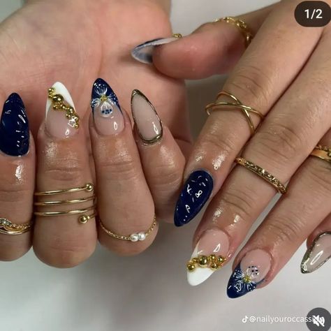 Navy Nails Gold Accent, Nail Ideas Navy Blue And Gold, New Years Eve Nail Designs Sparkle Gold, Navy Blue Rhinestone Nails, Trendy Nails With Charms, Navy Accent Nails, Navy Blue Nails With Accent Nail, Gold December Nails, Navy Themed Nails