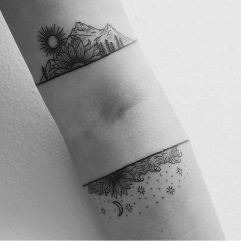 Night and day Inner Elbow Tattoos, Tattoo Trend, Tattoo Zeichnungen, Forearm Tattoo Design, Landscape Tattoo, Cool Forearm Tattoos, Elbow Tattoos, Geniale Tattoos, Small Tattoos For Guys