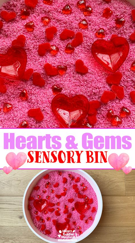 Valentine's Day Sensory Bin: Hearts and Gems - Happy Toddler Playtime Valentine Sensory Bin, Valentine Sensory, Infant Art, Early Childhood Special Education, February Activity, Scientific Thinking, Valentine Art, Montessori Homeschool, Pink Food Coloring