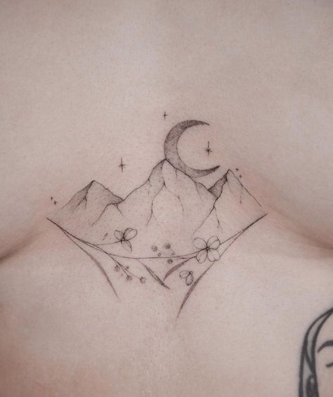 Star Mountain Tattoo, Acotar Ramiel Mountain Tattoo, Small Mountain Tattoos For Women, Upper Leg Tattoos Women, Velaris Tattoo, Cool Nature Tattoos, Nepal Tattoo, Bicep Tattoo Women, Small Mountain Tattoo