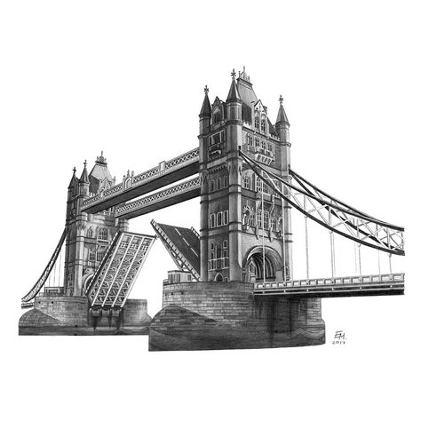 Tower Bridge, London, UK. Architecture Immaculate Drawing Technique. By Elizabeth Mishanina. Bridge Drawing Sketches, London Bridge Drawing, Geometric Wallpaper Hd, Bridge Tattoo, Bridge Drawing, London Drawing, Get Better At Drawing, London Tower Bridge, Nobody Is Perfect