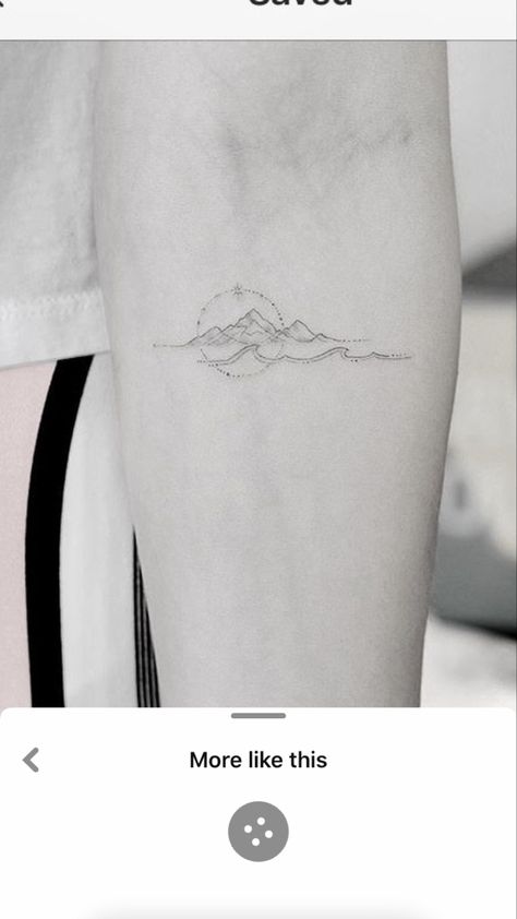 Small Mountain And Water Tattoo, Sun Water Mountain Tattoo, Mountain Tattoo With Sun, Mountain To Ocean Tattoo, Mountain And River Tattoo, Mountain Sea Tattoo, Sun And Mountain Tattoo, Mountains And Ocean Tattoo, Mountain And Sea Tattoo