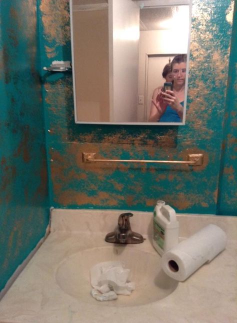 My bathroom done with a sea sponge and gold metallic spray paint. Gold Sponge Paint Wall, Metallic Wall Paint, Sponge Painting Walls, Decorative Wall Painting, Metallic Paint Walls, Gold Painted Walls, Decorative Painting Techniques, Half Painted Walls, Simple Bathroom Remodel