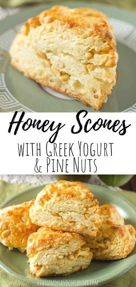 Honey Scones with Greek Yogurt with Pine Nuts - the best recipe for easy scones that are soft and tender on the inside and crispy on the outside! Follow my simple instructions to make this popular British breakfast and brunch treat #brunchideas #breakfastrecipes Honey Scones, Brunch Scones, Easy Scones, British Breakfast, Honey Muffins, Greek Breakfast, Scone Recipes, Scones Easy, Breakfast And Brunch