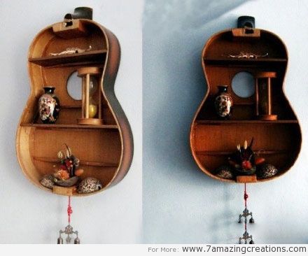 An old guitar used a mini-shelf Guitar Shelf, Unique Wall Shelves, Crazy Home, Guitar Diy, Diy Wall Shelves, Creative Walls, Creative Wall, Diy Shelves, Wooden Shelves