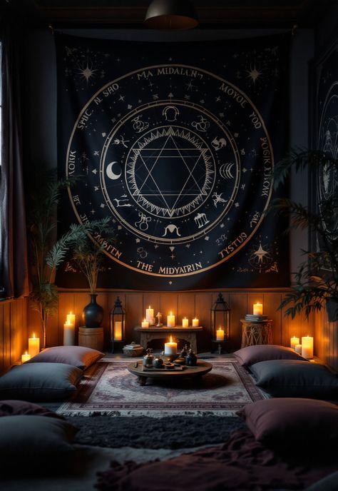 Dark Academia Decor Black Meditation Room, Gothic Yoga Room, Interior Design Witchy, Dark Meditation Room, Cozy Dark Academia, Mystic Decor, Gothic Study, Gothic Victorian House, Winter Ceremony