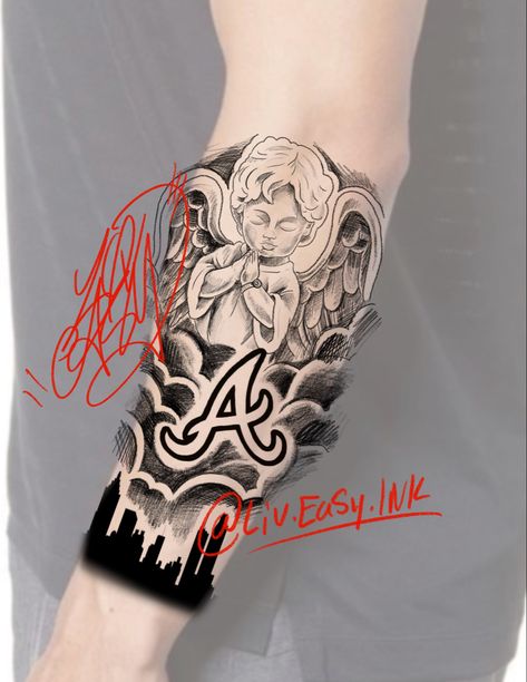 Tattoo men’s sleeve Atlanta braves skyline angel baby angel black and gray Atlanta Tattoo Ideas, Angel Tattoo Sleeve, Atlanta Braves Tattoo, Atlanta Tattoo, Be Brave Tattoo, Trailer Camper, Full Sleeve Tattoos, Angel Tattoo, Forearm Tattoo Men