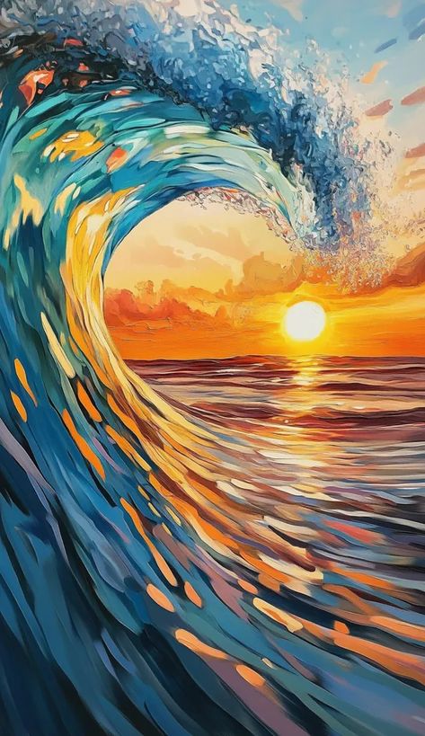 Serene ocean wave painting with vibrant sunset colors. Wave Pictures, Ocean Sunset Painting, Surfer Painting, Ocean Wave Painting, Turquoise Watercolor, Living Single, Soul Surfer, Seascape Photography, Wave Painting