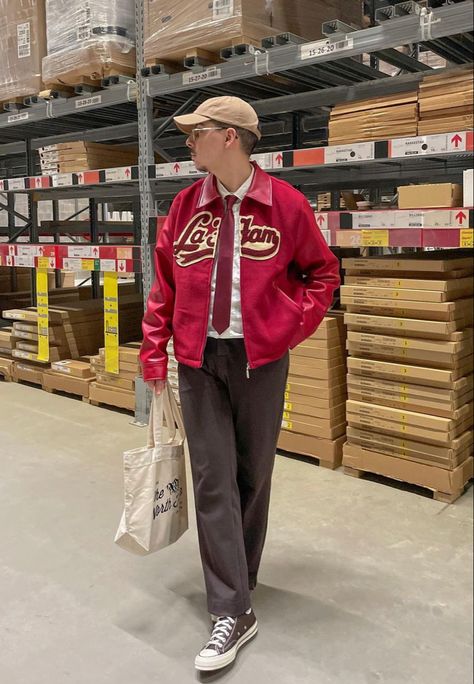 Men’s Vintage jacket fashion✨ Varsity Jacket Red Outfit, Red Shirt Outfit Men Streetwear, Red Jacket Outfit Aesthetic, Red Varsity Jacket Outfit, Red Outfits Men, Varsity Jacket Outfit Mens, Red Outfit Men, Racing Jacket Outfit, Red Jacket Outfit