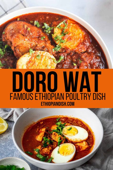 The Crown Jewel of Ethiopian Cuisine Doro Wot (Direct translation from Amharic - the language spoken in Ethiopian) Doro wot literally means “chicken stew.” The word doro stands for chicken, and wot means stew. Ethiopian Doro Wat Recipe, Doro Wot Recipe Chicken, Chicken Tibs Ethiopian Recipe, Doro Wat Recipe Ethiopia, Ethiopian Food Chicken, Dora Wat Recipe, Ethiopian Chicken Stew, Tibs Ethiopian Recipe, Doro Wot Recipe