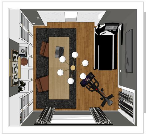 How to Design a Room around Your Peloton | Styleberry Peloton Home Office Combo, Peloton And Office Room, Home Office And Peloton Room, Small Home Office With Peloton, Home Gym And Lounge Combo, Library Workout Room, Peloton Office Guest Room, Bedroom With Peloton, Office Peloton Combo