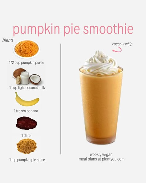 Fall Smoothies, Smoothie Easy, Resep Smoothie, Pumpkin Pie Smoothie, Pumpkin Smoothie, Dessert Smoothie, Vegan Meal Plans, Makanan Diet, Easy Smoothie Recipes