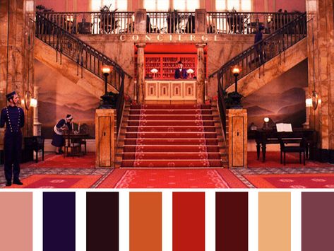 Grand Budapest Hotel Quotes, Wes Anderson Color Palette, Color In Film, Movie Color Palette, Hotel Lobby Design, Gran Hotel, Grand Budapest Hotel, Grand Budapest, Budapest Hotel