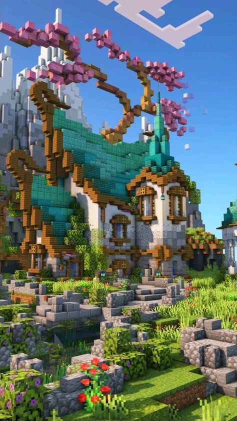 Minecraft Elven Build, Minecraft Ice Builds, Elven Minecraft, Minecraft Elven, Mc Castle, Elven House, Elven Village, Elven Architecture, House Pillar Design