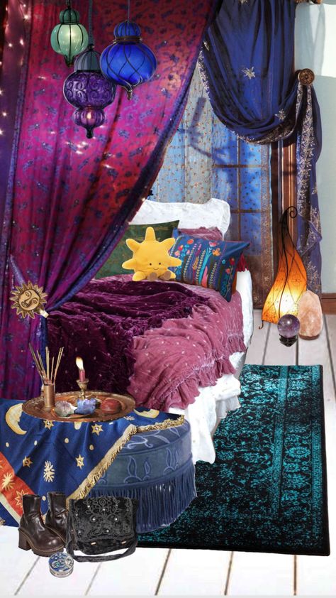 Purple Whimsigothic Bedroom, Celestial Room Aesthetic Bedroom, Whimsigoth Bed Frame, Whimsigoth Painted Furniture, Colorful Gothic Decor, Wimsey Goth Style Bedroom, Whimsigoth Interior, Whimsigothic Room, Whimsigothic Bedroom