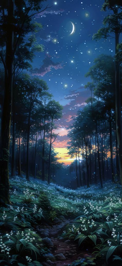 Dark Relaxing Wallpaper, Night Illustration Wallpaper, Moon Forest Wallpaper, Night Sky Wallpaper Iphone, Night Landscape Illustration, Houses Concept Art, Eevee Wallpaper, Iphone Wallpaper Texture, Sky Anime