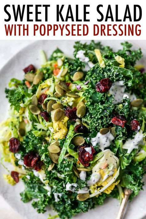 Inspired by the chopped salad kit, this sweet kale salad is loaded with crunchy greens and topped with dried cranberries, pepitas and a creamy poppyseed dressing. Creamy Poppyseed Dressing, Kale Salad Dressing, Sweet Kale Salad, Salad Kit, Poppyseed Dressing, Kale Salad Recipes, Salad Kits, Cranberry Salad, Healthy Salad Dressing