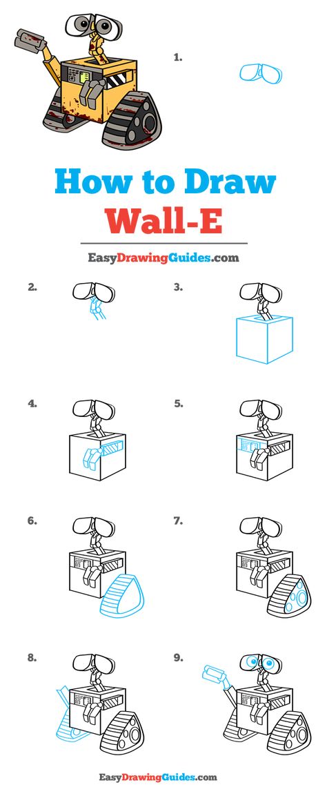 WALL-E Drawing Lesson. Free Online Drawing Tutorial for Kids. Get the Free Printable Step by Step Drawing Instructions on https://easydrawingguides.com/how-to-draw-wall-e/ . #WALLE #LearnToDraw #ArtProject How To Draw Wall-e Step By Step, Wall-e And Eva, Wall E Sketch, Wall E And Eve Drawing, Wall-e Drawings, Wall-e Painting, Walle Drawings, Wall E Drawing, Wall E Y Eva