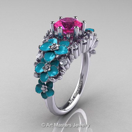 Nature Classic 14K White Gold 1.0 Ct Pink Sapphire Diamond Turquoise Orchid Engagement Ring R604-14KWGDTPS-1 Art Masters Jewelry, Black Gold Ring, Purple Amethyst Ring, Hand Creams, Pink Sapphire Ring, Crystal Bangle, Unusual Jewelry, Flower Petal, Jewelry Images