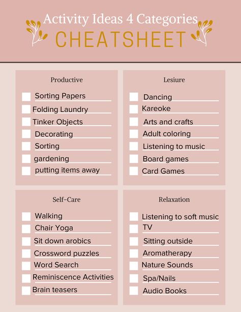 Activities Cheat Sheet — Dementia Success Path Activity Director Ideas For Seniors, Activities For Adults With Disabilities, Dementiability Activities, Alzheimer's Activities, Disabilities Activities, Memory Care Unit, Assisted Living Activities, Activities Director, Memory Care Activities