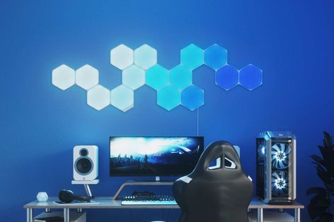 Nanoleaf Panels, Nanoleaf Designs, Gaming Setup Bedroom, Led Wall Panels, Office Lights, Light Panels, Led Diy, Led Panel Light, T Lights