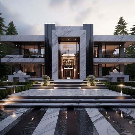 Modern luxury villa with night stairs and marble interior in the style of an atmospheric environment 🏰 ... ... ... #ModernHome #ModernLiving #TimplessElegance #LuxuryInterior #NatureInspired #ModernMansion #StoneWalkway #Stairs #OutdoorFireplace #AtmosphericEnviroment #HomeDecor Contemporary Mansion Exterior, Dream Villa Luxury, Black And White Marble House, Luxury Villa Design Exterior, Beautiful Houses Modern Luxury, Luxury Modern Homes Exterior, Modern House Design Exterior Luxury, Modern Dark Mansion Exterior, Dark Luxury Mansion Exterior