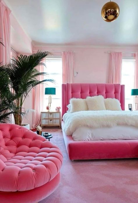 Light Pink And Hot Pink Bedroom, Hot Pink Bed Frame, Funky Room Ideas Bedrooms, Barbie Core Home Decor, Hot Pink And White Aesthetic, Girly Minimalist Bedroom, Barbie Bedroom Aesthetic, Barbiecore Bedroom, Hot Pink Room Ideas