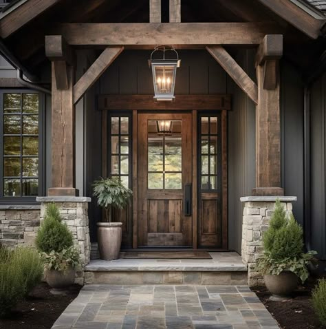 Wood Look Front Door With Sidelights, Entryway Exterior Ideas Front Entrances, Rustic Front Porch Ideas Entrance, Farmhouse Exterior Entryway Ideas, Front Porch Gables, Oversized Front Door Farmhouse, Log Cabin Doors Entrance Front Entry, Mountain Front Porch, Front Porch Entrance Ideas