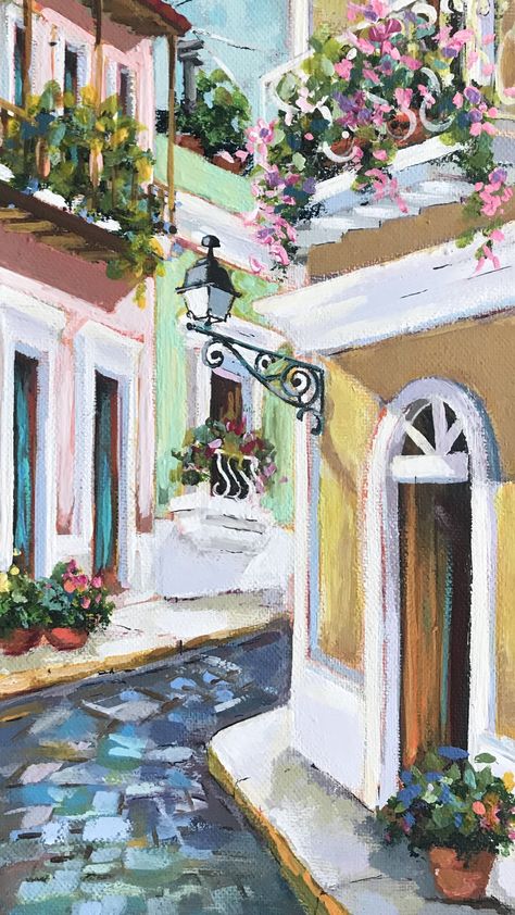 Puerto Rico Watercolor, Europe Painting Easy, Puerto Rico Painting Ideas, Puerto Rico Painting, Brazil Art, Old San Juan Puerto Rico, China Ink, Urban Painting, Old San Juan