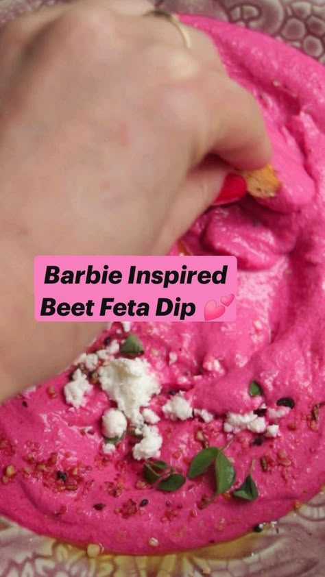 Channel your inner Barbie with this smooth, creamy and undeniably pink beet and feta dip recipe. It uses pre-cooked beets to cut prep time, so takes just 5 minutes to make this serious party showstopper 💃 Pink Color Party Ideas Food, Craft Party Food Ideas, Pink Savory Foods For Party, Galentines Party Dips, Pink Party Food Savoury, Hot Pink Party Food, Valentines Dips Food, Pink Fruit Tray, Galentines Party Food Ideas Vegan