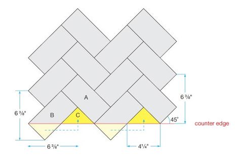 directions to do herringbone tile pattern. HINT FOR MIKE. CHEVRONS. How To Lay Herringbone Tile, Herringbone Tile Pattern, Eames Design, Trendy Kitchen Backsplash, Diy Kitchen Backsplash, Tile Layout, Herringbone Backsplash, Diy Backsplash, Patterned Floor Tiles