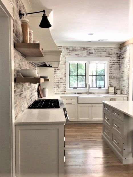 Subway Tile With Brick Accent, Cottage Above Cabinet Decor, French Country Kitchen Backsplash Ideas, White Wash Brick Backsplash Kitchen, Kitchen White Brick Backsplash, Brick Wall In Kitchen, Kitchen With Brick Backsplash, Kitchen With Brick Wall, White Brick Backsplash