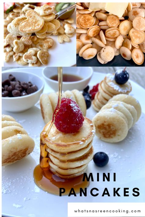 Mini pancakes are so much fun! Make them for special occasions, in shapes, or for any day! #pancakes #breakfast #brunch Mini Pancake Bites, Mini Pancake Appetizers, Small Serving Pancake Recipe, Mini Pancake Skewers Brunch Ideas, Mini Pancake Breakfast Bowl, Pancake Appetizer Mini, Silver Dollar Pancakes, Heart Shaped Pancakes, Pancake Bites