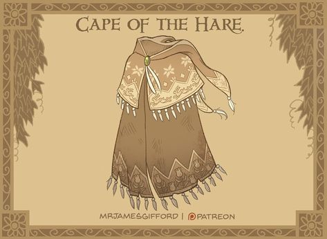 Cape of the Hare: Once owned by a wandering hermit, this fur-lined cape is surprisingly lightweight. The long ears of the hood seems to sharpen your hearing, rather than muffle it Magic Armor, Homebrew Items, Dnd Magic Items, Dnd Crafts, Dnd Things, Dnd Stories, Dnd Magic, Dnd Classes, Dungeons And Dragons 5e