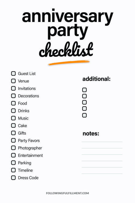 Plan the perfect anniversary party with our comprehensive checklist! From decor to food, ensure every detail is covered. #AnniversaryParty #PartyPlanning Anniversary Party Checklist, Change Address Checklist, Party Food Checklist, Prom Planning Checklist, Engagement Party Checklist, Reunion Checklist, Sleepover Checklist, Event Theme Ideas, Step Challenge