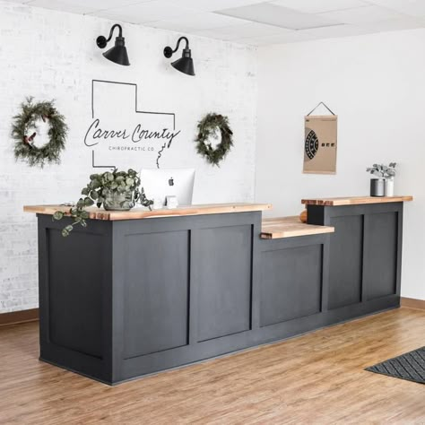 Farmhouse Reception Area, Health Clinic Aesthetic, Diy Register Counter, Front Reception Desk Ideas, Sales Counter Ideas Retail, Front Desk Design Receptions, Office Lobby Design Waiting Area, Industrial Reception Design, Small Reception Area Design