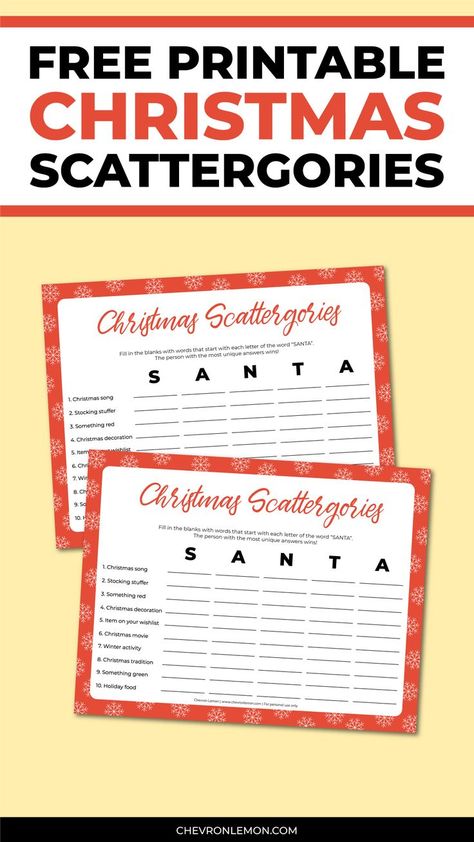 Free printable Christmas scattergories Free Christmas Activities For Families, Christmas Scattergories Free Printable, Christmas Word Games, Christmas Categories, Christmas Scattergories, Printable Christmas Bingo Cards, Free Christmas Games, Scattergories Game, Homemade Christmas Presents