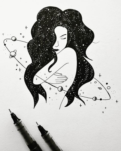 Universe Woman Art, Begin Drawing, Universe Sketch, Tattoo Table, Moon Embroidery, Social Media Drawings, Sketches Of Love, Space Drawings, Multimedia Arts