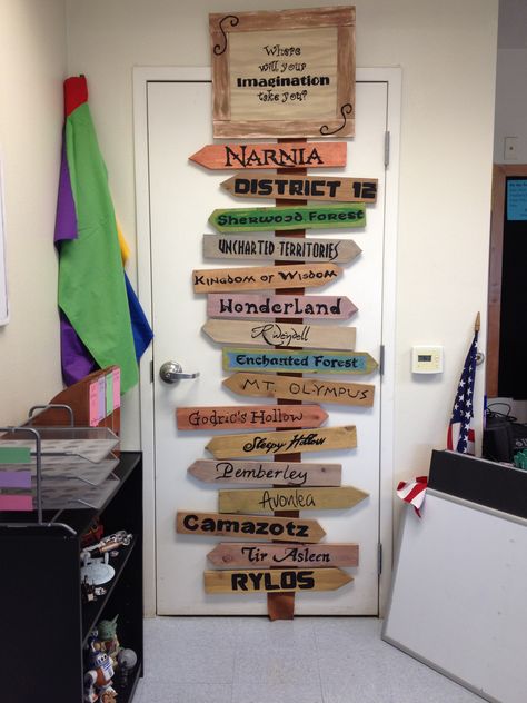 School Directional Signs, Literary Festival Decor, Where Will Reading Take You Display, School Library Book Displays, Direction Signs, Elementary Bulletin Boards, Literary Festival, Book Launch Party, Harry Potter Classroom