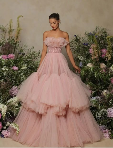 Tiered Ball Gown, Long Tool Dresses, Tulle Gown Couture, Pink Tulle Gown, Volume Dress, Pastel Gown, Tulle Fashion, Tulle Gowns, Layered Tulle Dress