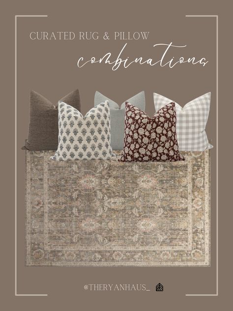 A curated collection of throw pillows and area rug! Mixing textures and patterns can be intimidating, but it doesn’t have to be! I love the warmth of all these pieces. Rug Combinations, Neutral Throw Pillow, Pillow Combinations, Inspirational Homes, Neutral Throw, Neutral Throw Pillows, Neutral Pillows, Patterned Throw Pillows, Couches Living Room