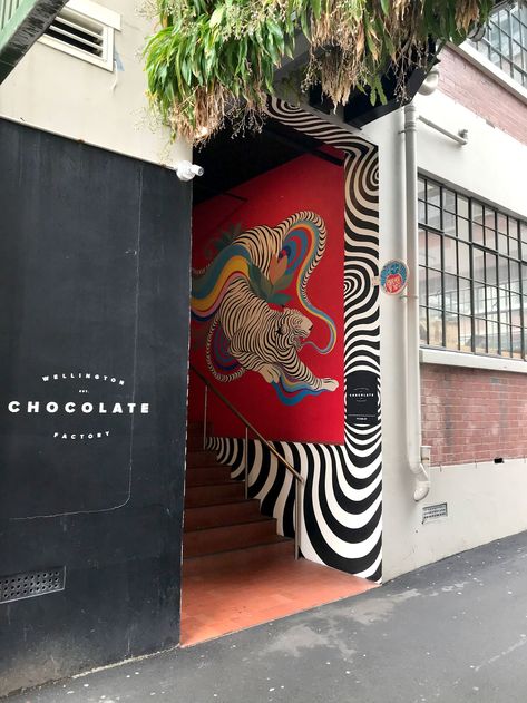 Wellington Chocolate Factory - Entrance Mural — Gina Kiel Gina Kiel, Interior Murals, Mural Artist, Graffiti Artists, Facade Architecture Design, Entrance Design, Illustration Agency, Murals Street Art, Chocolate Factory