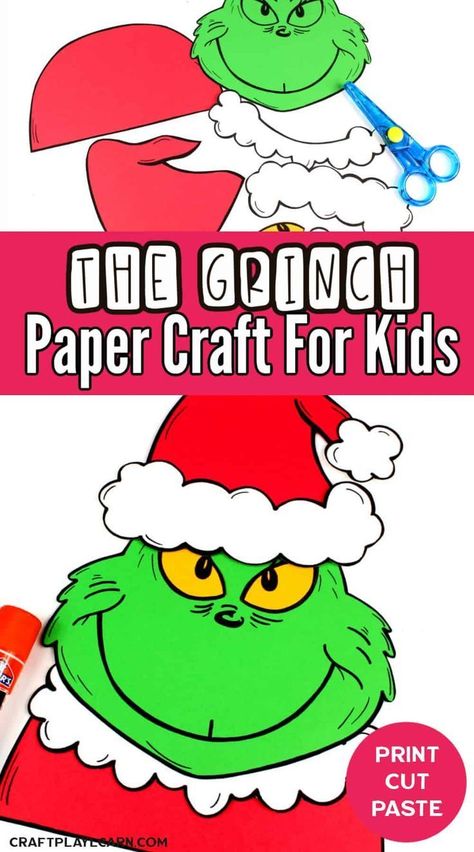 The Grinch free printable paper craft for kids. Dr Suess Day, Grinch Craft, Dr. Seuss Crafts, Dr Seuss Art, Free Christmas Crafts, Prek Crafts, Grinch Crafts, Christmas Art For Kids, Storytime Crafts