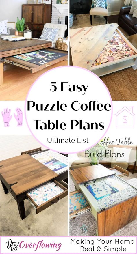 5 Easy and Quick Puzzle Coffee Table Plans - Its Overflowing Diy Puzzle Table, Puzzle Coffee Table, Jigsaw Puzzle Table, Table Top Epoxy, Puzzle Storage, Diy Puzzle, Coffee Table Plans, Puzzle Table, Epoxy Table Top