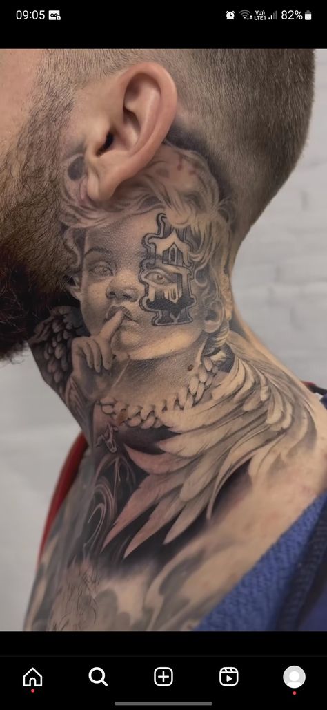 Ovo Tattoo Ideas, Side Neck Cover Up Tattoos Men, Laurel Neck Tattoo, Under Chin Tattoo Men, Religious Neck Tattoo, Men Stomach Tattoos Ideas, Tattoo For Men Arm, Skull Neck Tattoo, Head Tattoo Men