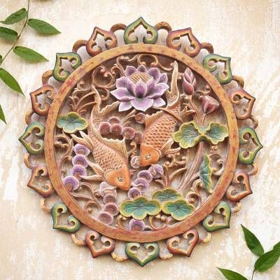 UNICEF Market | Hand Crafted Suar Wood Relief Panel - Floating Koi Wood Relief, Ancient Tree, Lotus Flowers, Wood Painting, Buy Wood, Koi Pond, Women Artisans, Balinese, Free Gift Wrapping