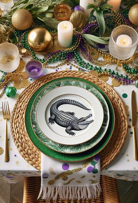 Mardi Gras Tablescape, Mardi Gras Dinner Party, Mardi Gras Dinner, Mardi Gras Diy, Mardi Gras Centerpieces, Dinner Party Table Settings, Table Settings Ideas, Dining Table Decorations, Table Decorating Ideas